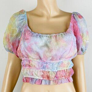 Gab Kate Pretty Pastel Stretchy Smocked Elastic Waist & Sleeves Women's M Top